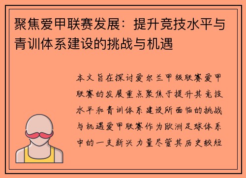 聚焦爱甲联赛发展：提升竞技水平与青训体系建设的挑战与机遇
