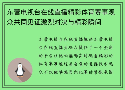 东营电视台在线直播精彩体育赛事观众共同见证激烈对决与精彩瞬间