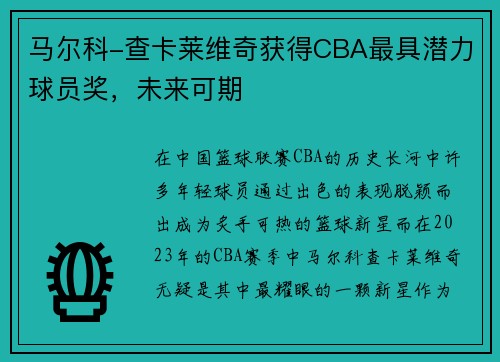 马尔科-查卡莱维奇获得CBA最具潜力球员奖，未来可期