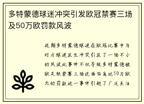 多特蒙德球迷冲突引发欧冠禁赛三场及50万欧罚款风波
