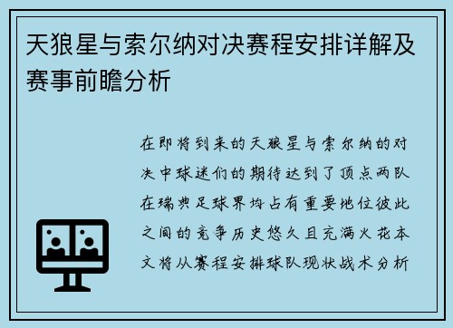 天狼星与索尔纳对决赛程安排详解及赛事前瞻分析